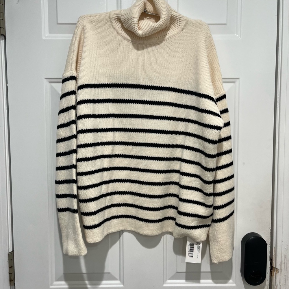 The Frankie Shop Cream and Black Striped Turtleneck Sweater